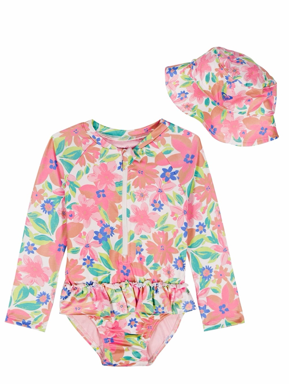 Roxy Kids' Ruffled Long Sleeve One-Piece Rashguard Swimsuit & Hat Set